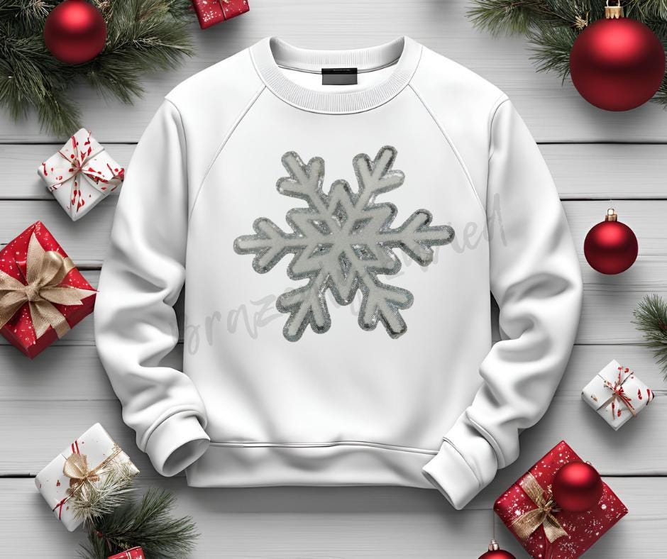 Snowflake Patch | White Chenille with Silver Backing Snowflake Patch Great Christmas Patch