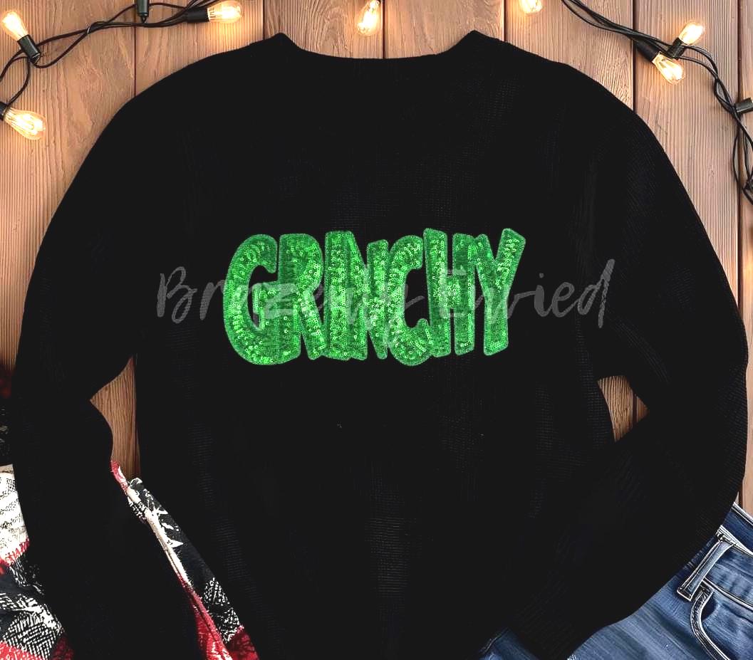 GRINCHY Patch  Green Sequins IRO ON  Holiday Christmas Applique