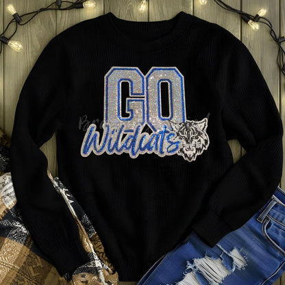 Wildcats Patch GO Wildcats SILVER Royal Blue Sequins Black Glitter Backing  Iron On