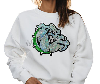 Sequin Bulldog Patch: Iron-On Applique - Green Collar Bulldog Sequin Patch