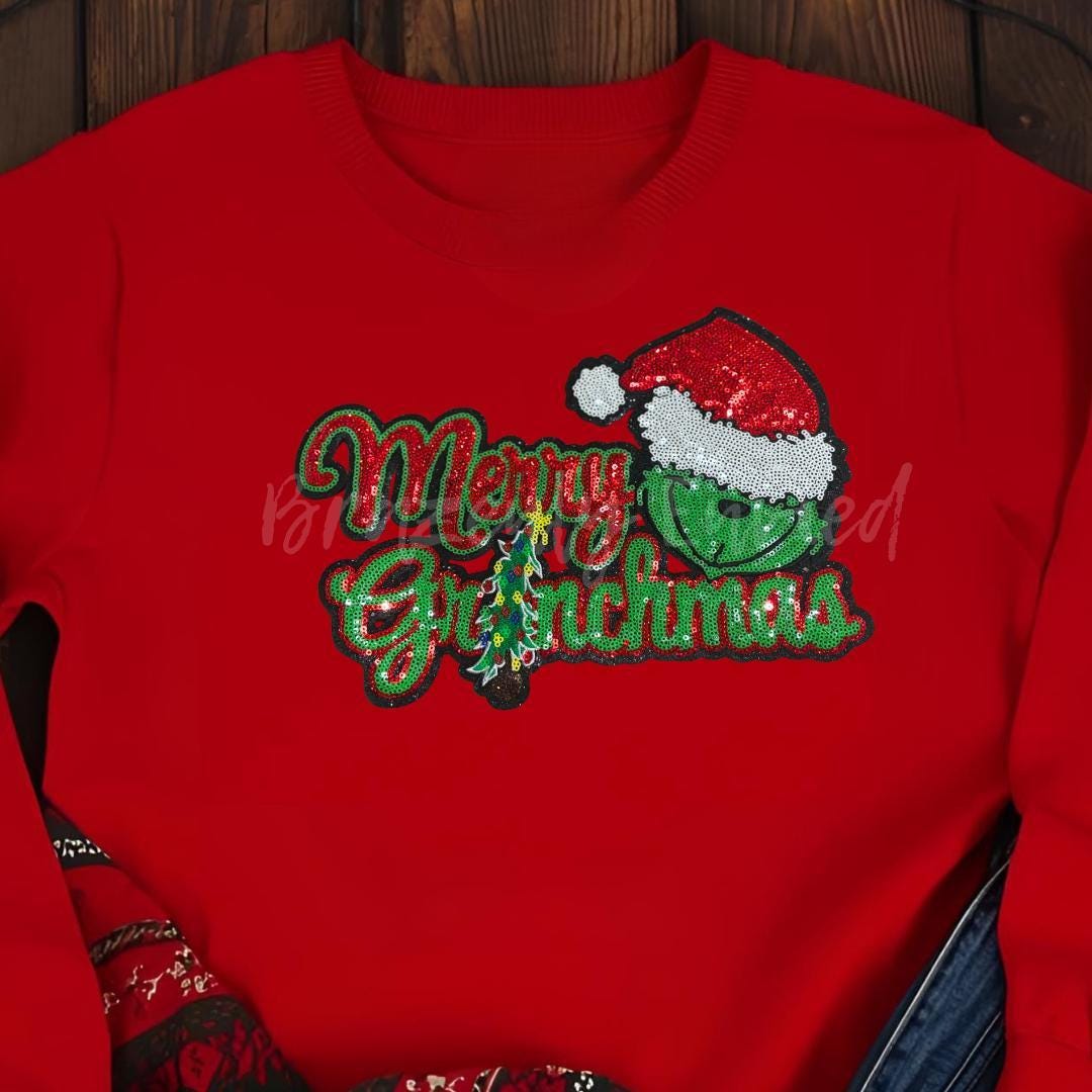 GRINCHY Patch  Red and Green Sequins with Black Glitter Backing