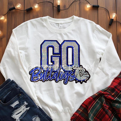 Bulldog Patch-Go Bulldogs SILVER and Royal Blue Sequins Iron On