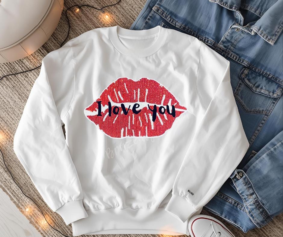 Valentine Patch Sequins Lips I Love You Iron On Applique