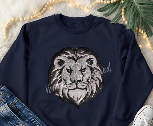 Lions Patch: Silver White and Black Sequins Iron On Applique