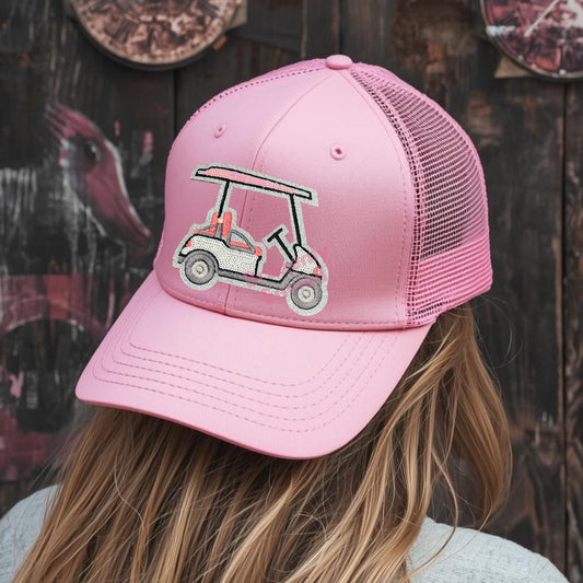 Hat Patch Golf Cart Pink /White Sequins Iron On  (3.75"W x 3.5"H)