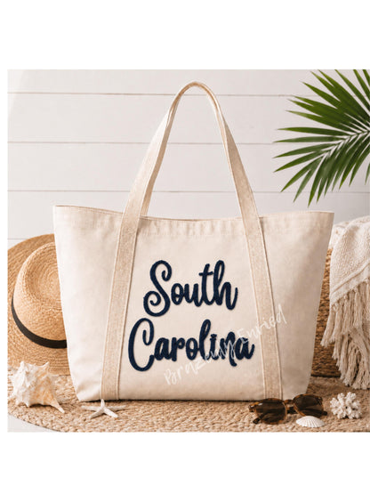 South Carolina Chenille Patch | Navy Blue Script Iron On Patch | Coastal Sweatshirt Applique | Southern State Patch | Beach Apparel
