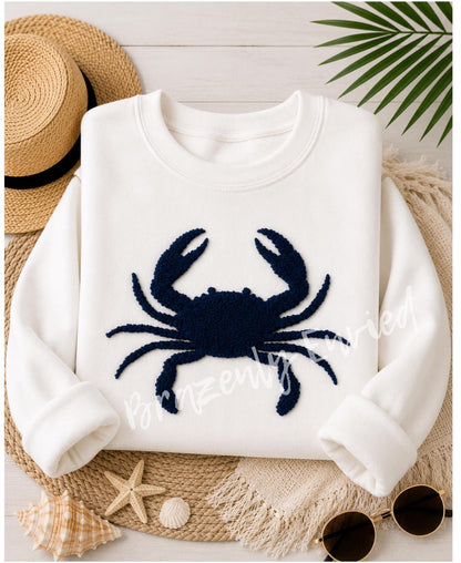 Navy Blue Crab Chenille Patch | Coastal Iron On Patch | Beach Sweatshirt Patch | Nautical Crab Applique | Coastal Apparel Supply