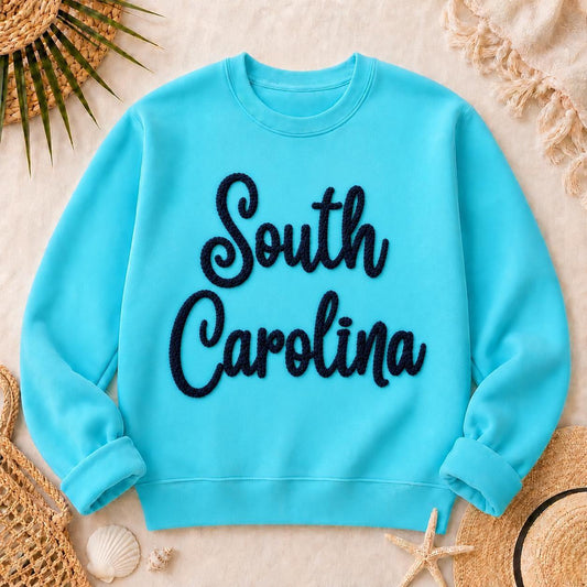 South Carolina Chenille Patch | Navy Blue Script Iron On Patch | Coastal Sweatshirt Applique | Southern State Patch | Beach Apparel