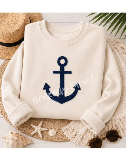 Navy Blue Anchor Chenille Patch | Coastal Iron On Patch | Nautical Sweatshirt Applique | Beach Patch | Ocean Apparel Supply