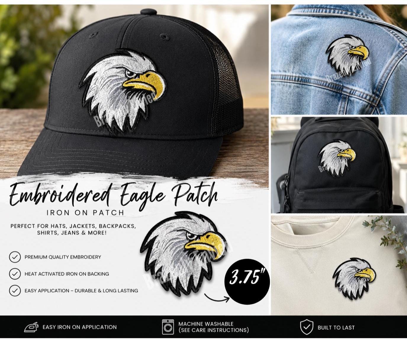 Embroidered Eagle Patch | Bald Eagle Head Iron On Patch | Patriotic Bird Appliqué | School Mascot Patch for Hats Jackets Bags