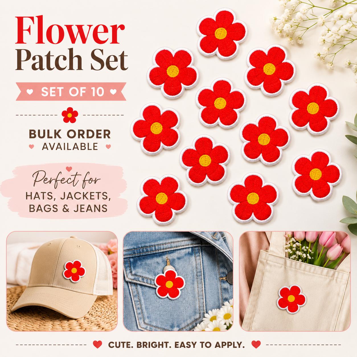 Pink Flower Embroidered Patches Set of 10 | Small Iron On Flower Patches | Bulk Floral Appliqué for Hats Jeans Jackets Bags @2"