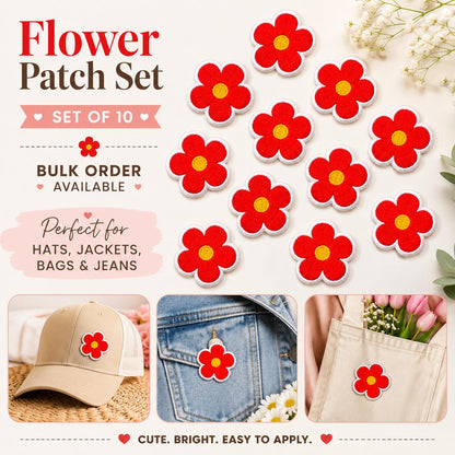 Pink Flower Embroidered Patches Set of 10 | Small Iron On Flower Patches | Bulk Floral Appliqué for Hats Jeans Jackets Bags @2"