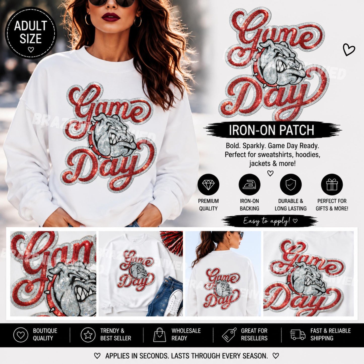 Game Day Bulldogs Patch | Red Silver Sequin Patch | Large Iron On School Spirit Patch | Football Sweatshirt Applique