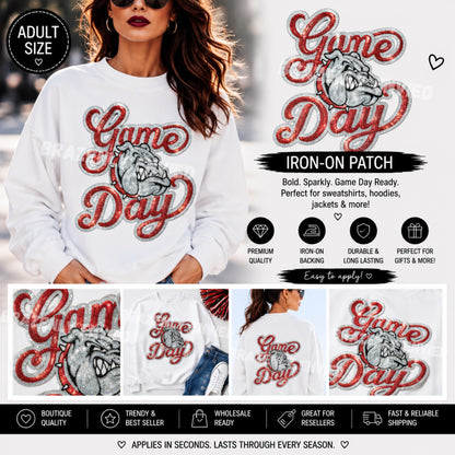 Game Day Bulldogs Patch | Red Silver Sequin Patch | Large Iron On School Spirit Patch | Football Sweatshirt Applique