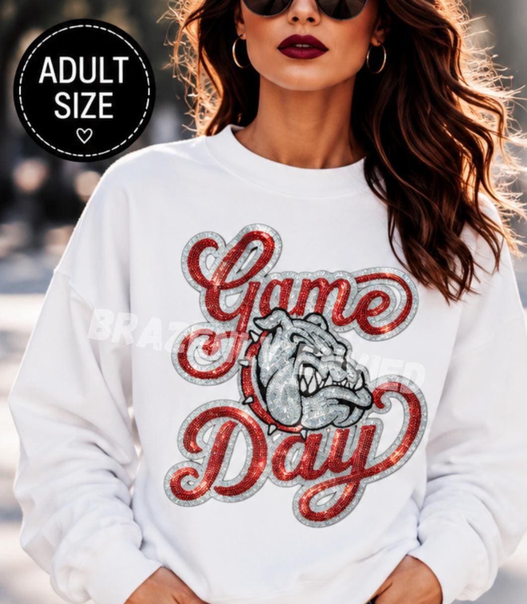 Game Day Bulldogs Patch | Red Silver Sequin Patch | Large Iron On School Spirit Patch | Football Sweatshirt Applique