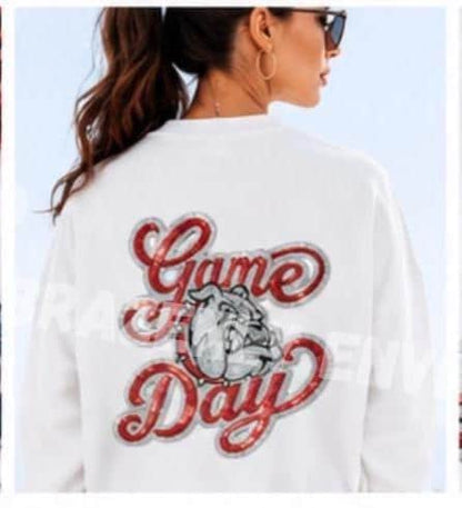 Game Day Bulldogs Patch | Red Silver Sequin Patch | Large Iron On School Spirit Patch | Football Sweatshirt Applique