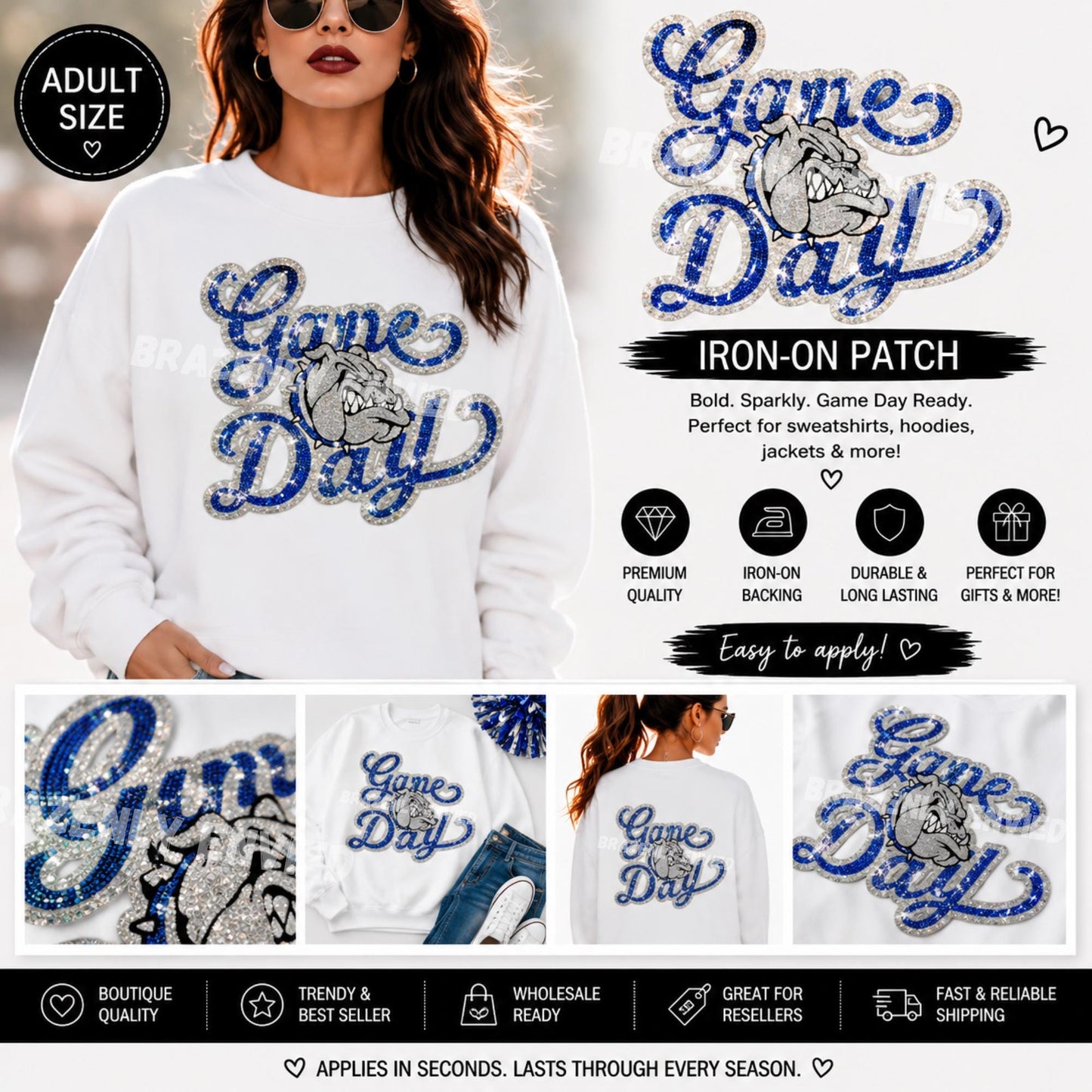 Game Day Bulldogs Patch | Royal Blue Silver Sequin Patch | Large Iron On School Spirit Patch | Football Sweatshirt Applique