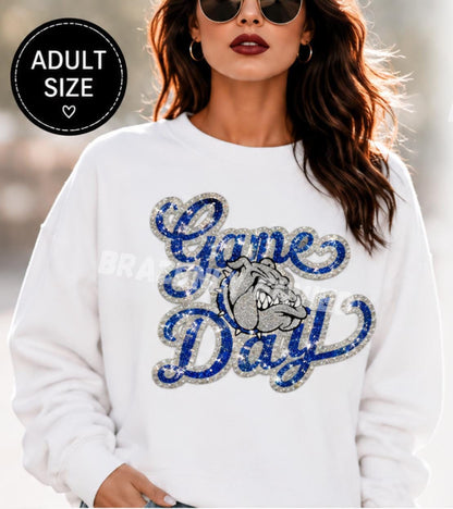 Game Day Bulldogs Patch | Royal Blue Silver Sequin Patch | Large Iron On School Spirit Patch | Football Sweatshirt Applique