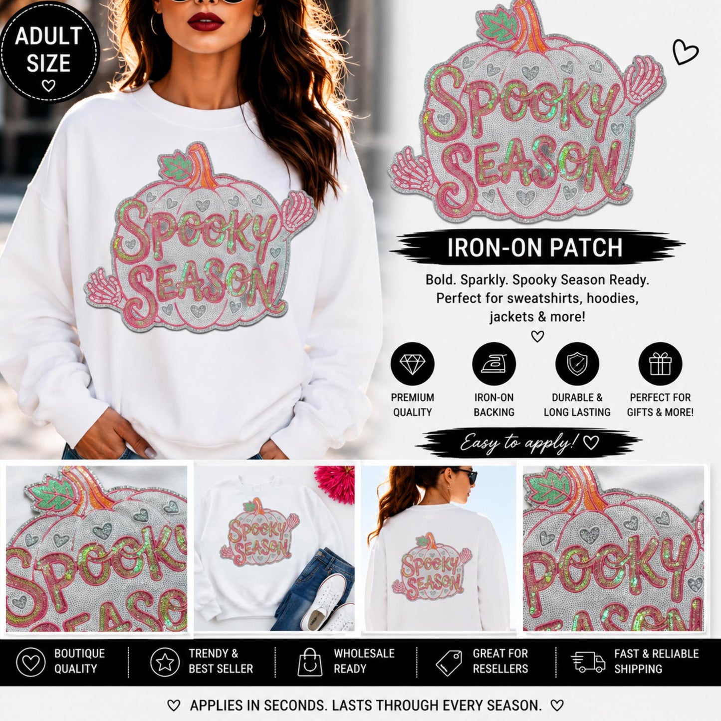 Spooky Season Pumpkin Patch | Pink Silver Sequin Iron On Patch | Large Halloween Sweatshirt Patch | Cute Fall Applique