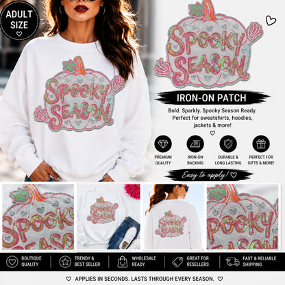 Spooky Season Pumpkin Patch | Pink Silver Sequin Iron On Patch | Large Halloween Sweatshirt Patch | Cute Fall Applique