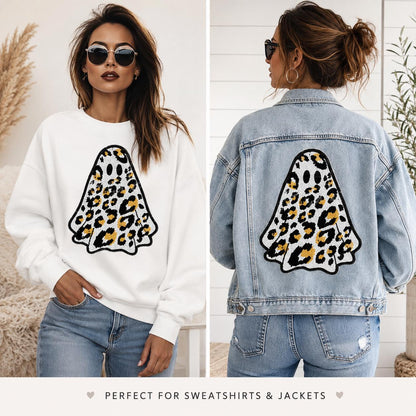 Leopard Ghost Patch | Adult Halloween Iron On Patch | Large Ghost Applique | Sweatshirt Patch | Jean Jacket Patch | Spooky Season
