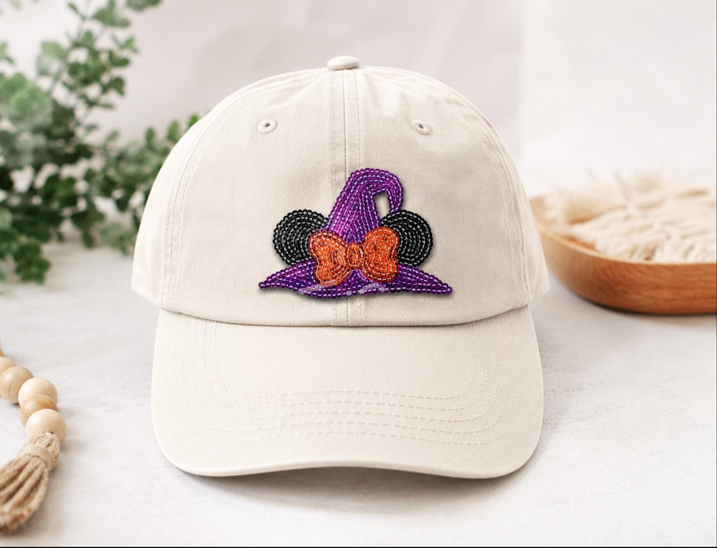 Halloween Witch Hat Sequin Patch | Mouse Ear Bow Iron On Applique | Purple Orange Pocket Patch | Spooky Sweatshirt Patch