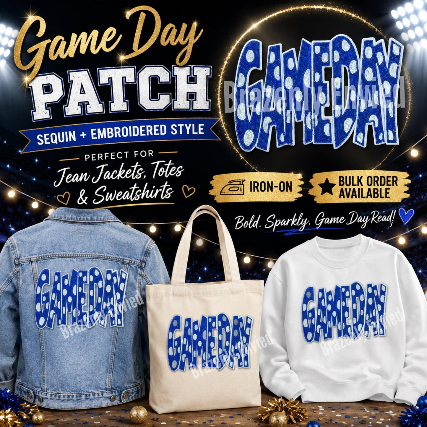 GAMEDAY Royal Blue Polka Dot Patch | Blue Sequin Game Day Patch | Iron-On Football Patch | School Spirit Sports Apparel | Sports Patch