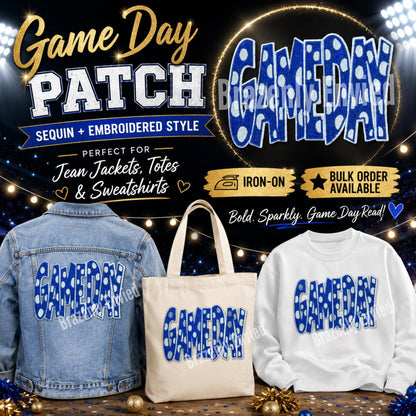 GAMEDAY Royal Blue Polka Dot Patch | Blue Sequin Game Day Patch | Iron-On Football Patch | School Spirit Sports Apparel | Sports Patch