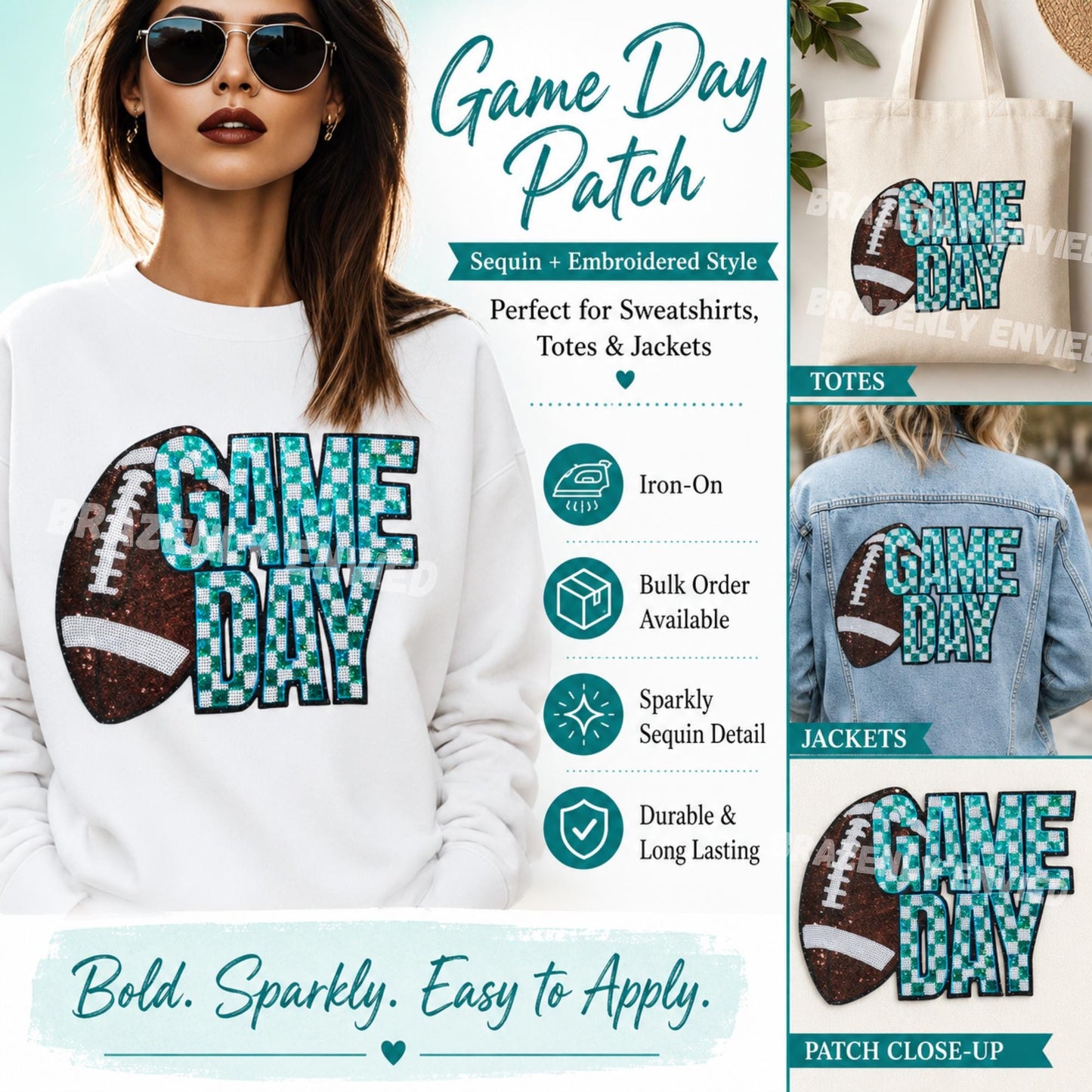 NEW Game Day Football Patch | Sequins Football Checkerboard Patch-TEAL