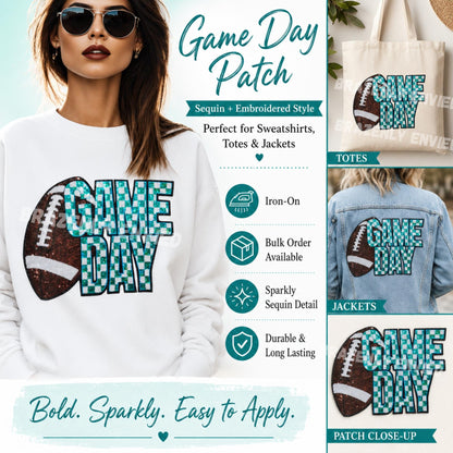NEW Game Day Football Patch | Sequins Football Checkerboard Patch-TEAL