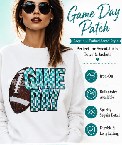 NEW Game Day Football Patch | Sequins Football Checkerboard Patch-TEAL
