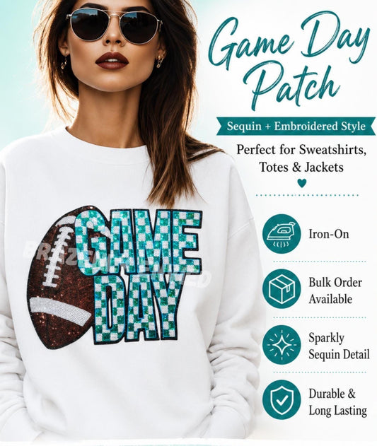 NEW Game Day Football Patch | Sequins Football Checkerboard Patch-TEAL