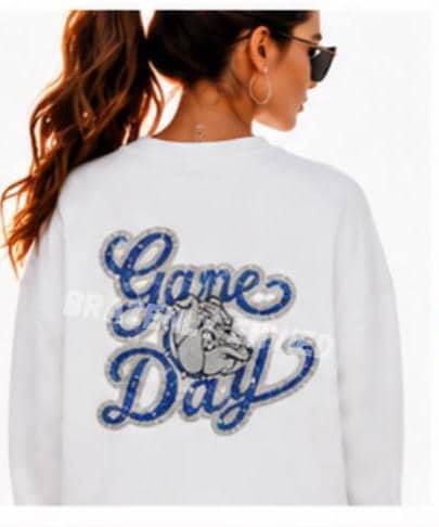 Game Day Bulldogs Patch | Royal Blue Silver Sequin Patch | Large Iron On School Spirit Patch | Football Sweatshirt Applique