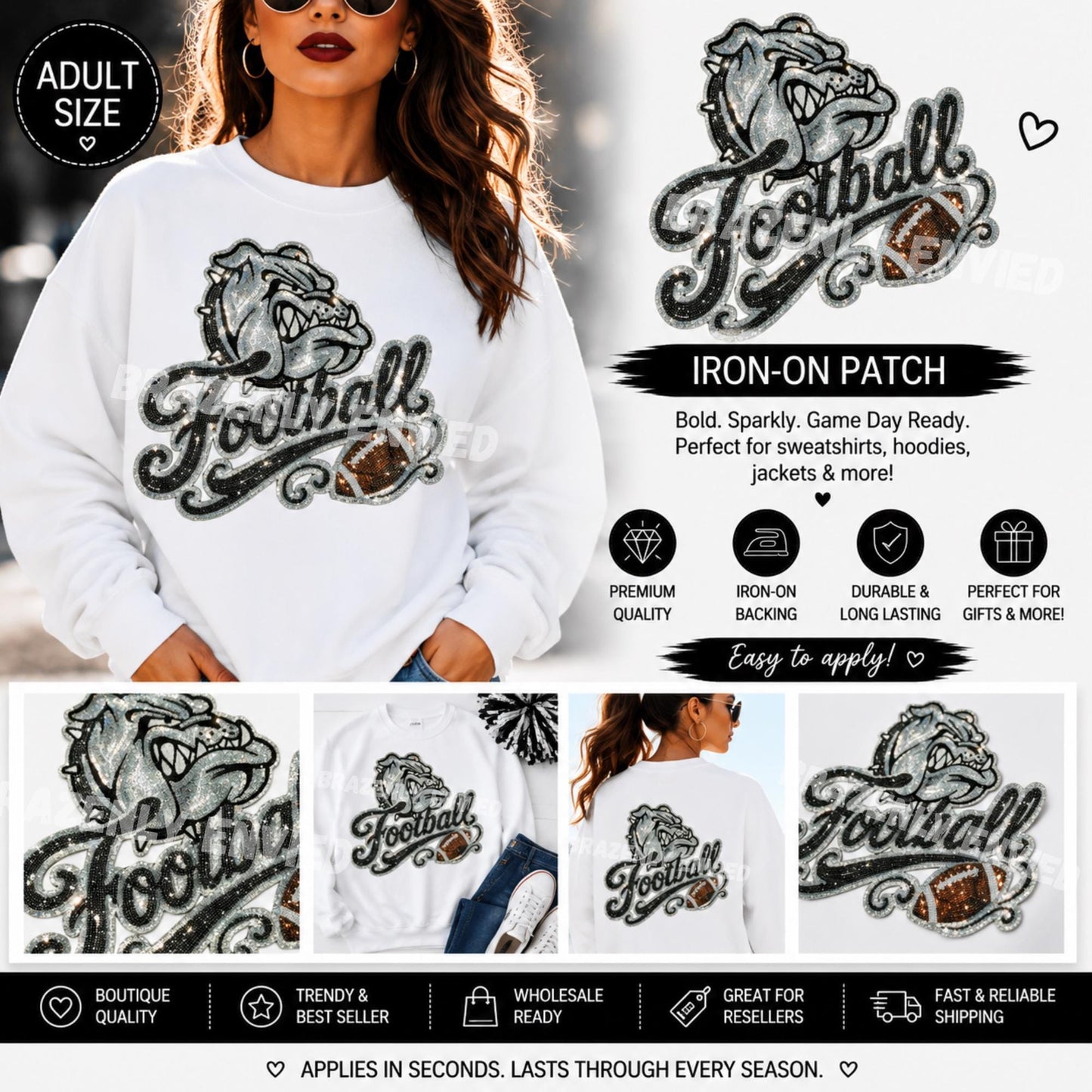 Game Day Bulldogs Football Patch |Black and  Silver Sequin Patch | Large Iron On School Spirit Patch | Football Sweatshirt Applique