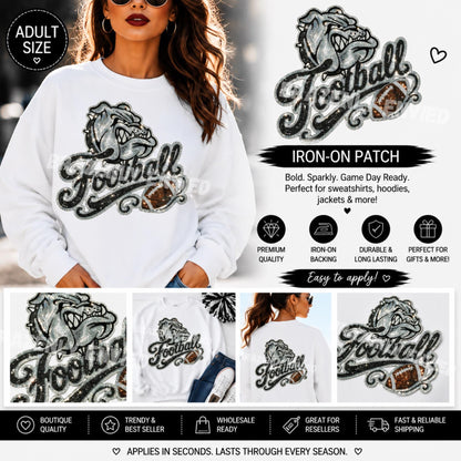 Game Day Bulldogs Football Patch |Black and  Silver Sequin Patch | Large Iron On School Spirit Patch | Football Sweatshirt Applique