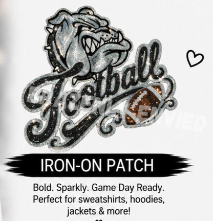 Game Day Bulldogs Football Patch |Black and  Silver Sequin Patch | Large Iron On School Spirit Patch | Football Sweatshirt Applique
