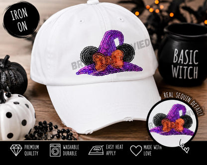 Halloween Witch Hat Sequin Patch | Mouse Ear Bow Iron On Applique | Purple Orange Pocket Patch | Spooky Sweatshirt Patch