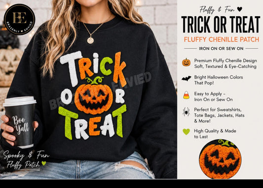 Vintage Halloween Trick or Treat Chenille Patch |Halloween Iron On Patch |Fluffy Pumpkin Applique | Large Halloween Sweatshirt Patch