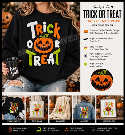 Vintage Halloween Trick or Treat Chenille Patch |Halloween Iron On Patch |Fluffy Pumpkin Applique | Large Halloween Sweatshirt Patch