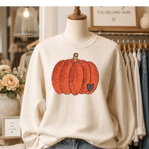 Pumpkin Patch Sequins Pumpkin Iron On Applique with Leopard  Heart