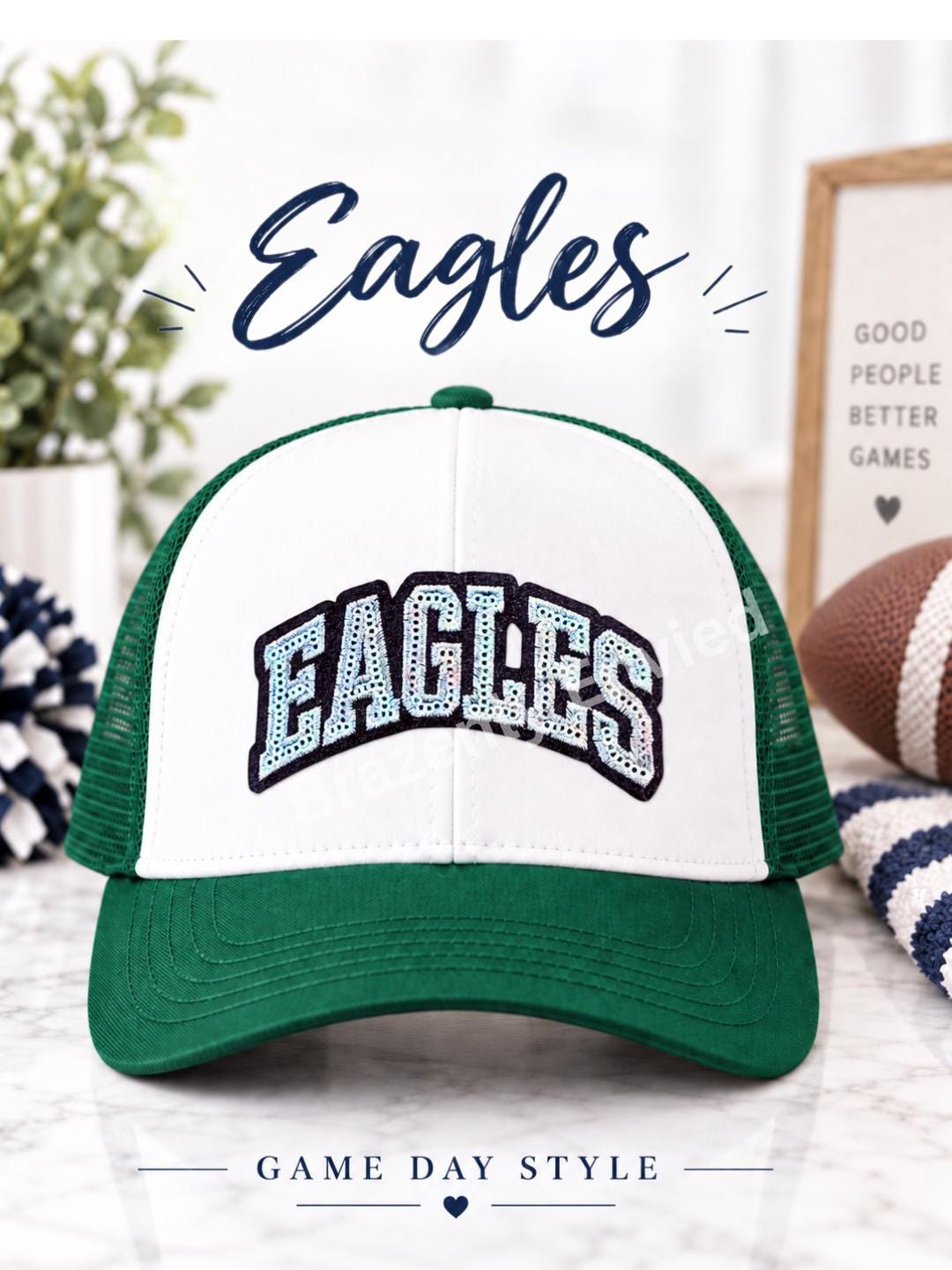 Eagles Patch Silver Sequins Block Letter with Black Glitter Backing Hat Patch @ 2 H x 4