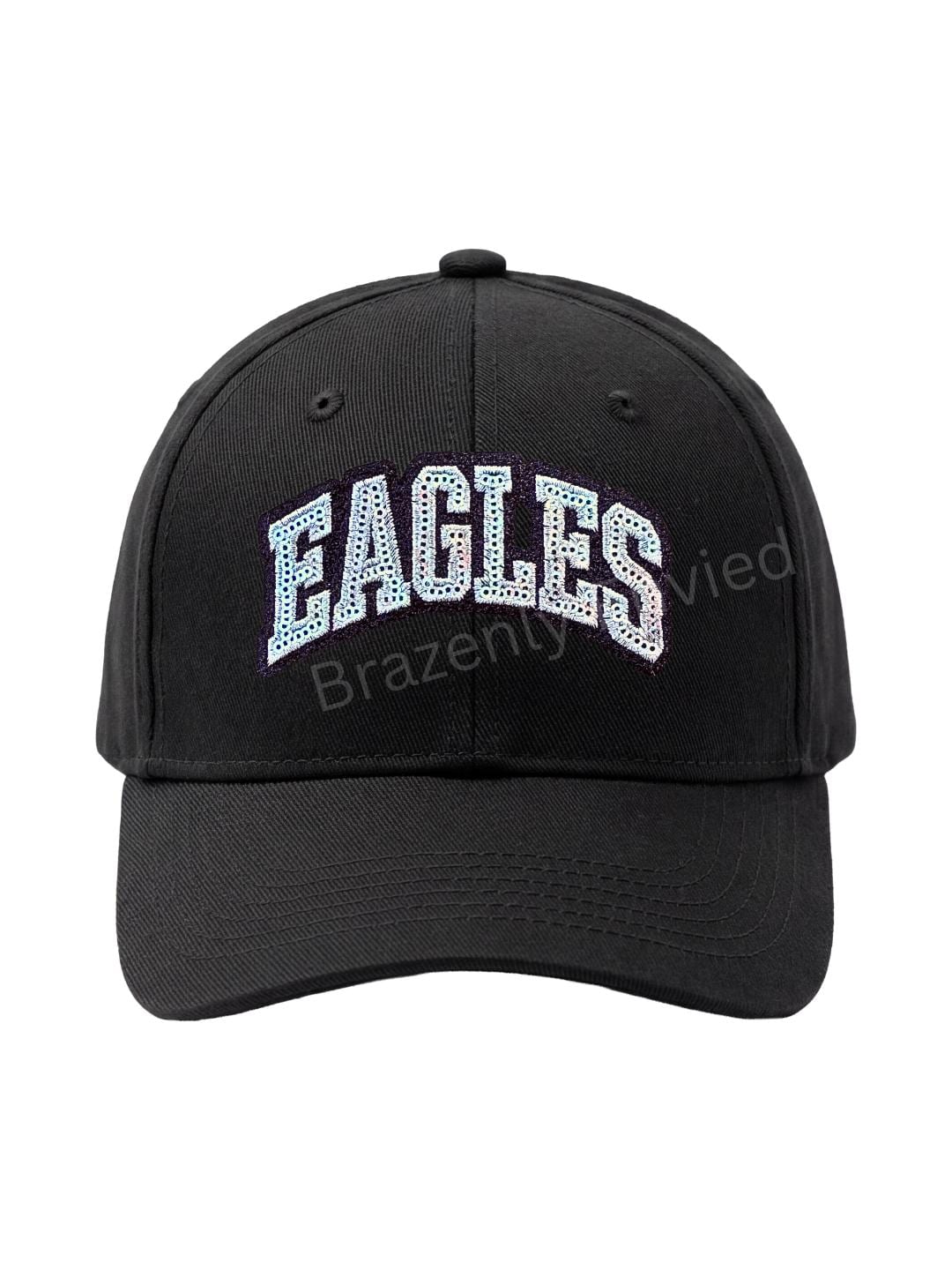 Eagles Patch Silver Sequins Block Letter with Black Glitter Backing Hat Patch @ 2 H x 4