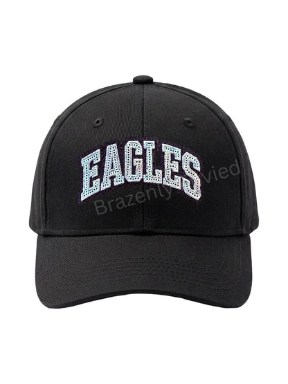 Eagles Patch Silver Sequins Block Letter with Black Glitter Backing Hat Patch @ 2 H x 4