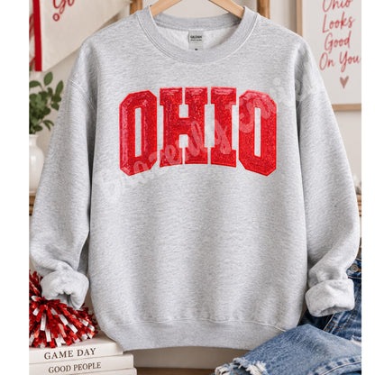 Ohio Patch Red Sequin OHIO Iron On  Large Vintage Style Game Day Heat Press Patch for Sweatshirts, Jackets & Bags
