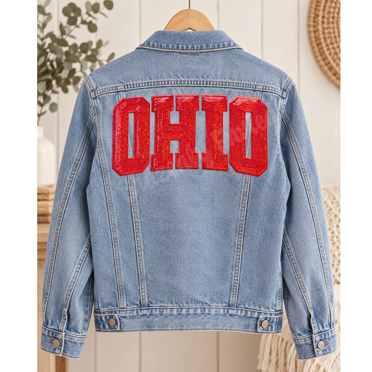Ohio Patch Red Sequin OHIO Iron On  Large Vintage Style Game Day Heat Press Patch for Sweatshirts, Jackets & Bags