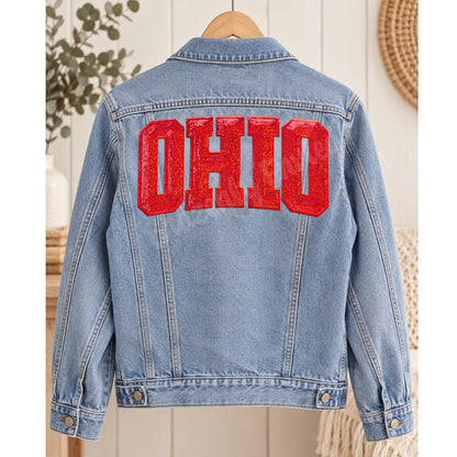 Ohio Patch Red Sequin OHIO Iron On  Large Vintage Style Game Day Heat Press Patch for Sweatshirts, Jackets & Bags