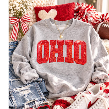 Ohio Patch Red Sequin OHIO Iron On  Large Vintage Style Game Day Heat Press Patch for Sweatshirts, Jackets & Bags
