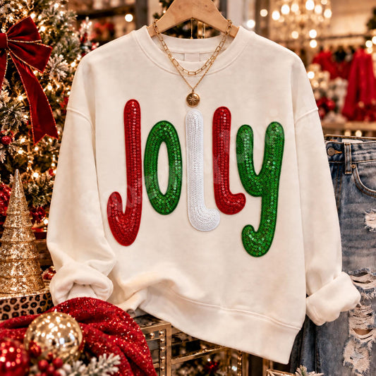 Jolly Sequin Patch | Christmas Iron On Patch | Holiday Sweatshirt Patch | Red Green White Sequin Appliqué | Ready to Ship