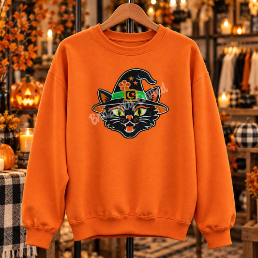 Halloween Witch Cat Patch | Large Embroidered Sequin Patch