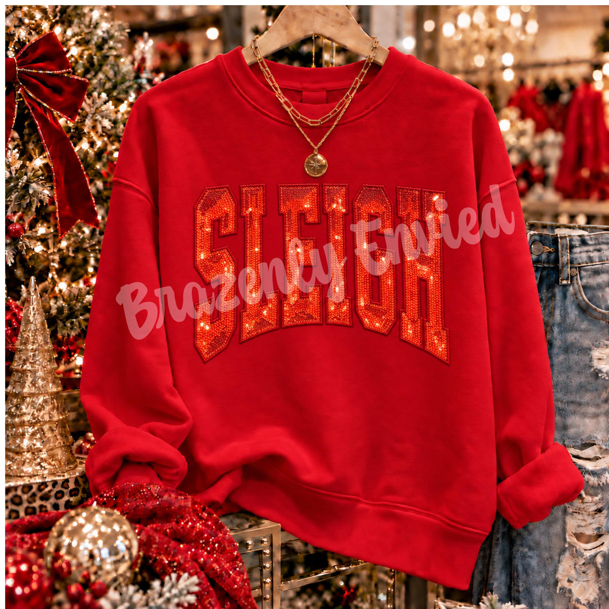 Christmas Patch 10.5/8" Wide |Red SLEIGH Sequin & Embroidered Iron On Patch | Holiday Sweatshirt Patch | Ready to Ship